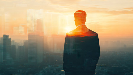 The double exposure image of the businessman standing back during sunrise overlay with cityscape image. The concept of modern life, business, city life and internet of things.の素材
