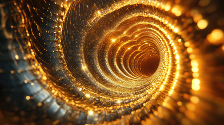 Vibrant 3D golden vortex with shimmering patterns, highlighting the elegance of motion.の素材