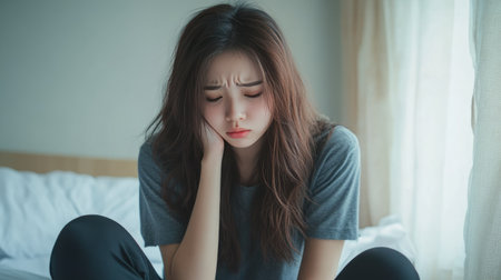 Unwell young Asian woman sitting on the bed, head bowed, with a pained expression from a headache.の素材
