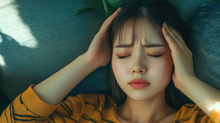 Unwell young Asian woman with a headache, lying on the couch with her eyes closed, holding her temples.の素材