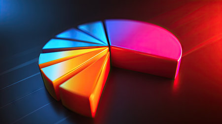 Vibrant 3D financial pie chart with radiant, glowing segments against a sleek background. -の素材