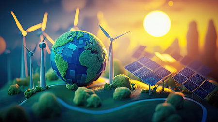 Vibrant 3D globe featuring wind turbines and solar panels, promoting renewable energy.の素材