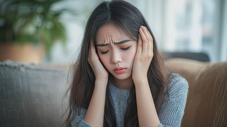 Unwell young Asian woman sitting on a couch, holding her head with a pained expression, indicating a headache.の素材