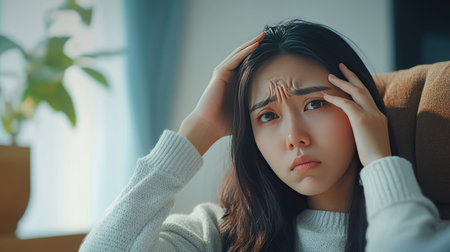 Unwell young Asian woman with a headache, sitting in a chair with a distressed look, touching her forehead.の素材
