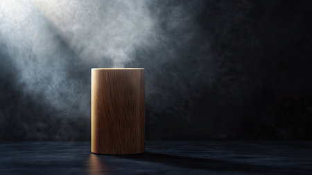Wooden cylinder stand on a dark abstract background, illuminated by a spotlight with smoke rising for a dramatic effect.の素材