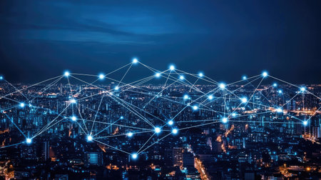 Wireless network, Connection technology concept, Information communication network, abstract line connection on night city background -の素材