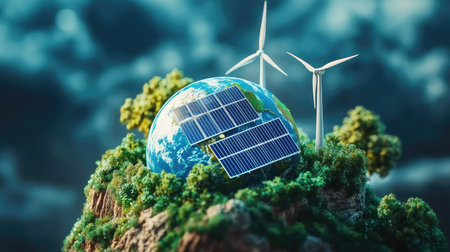 Vibrant 3D globe featuring solar panels and wind turbines in an eco-friendly designの素材