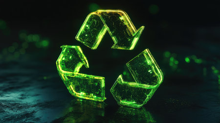 Vibrant 3D recycling symbol with glowing green elements, highlighting the importance of recycling.の素材