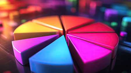 Vibrant 3D financial pie chart with glowing segments in bright, contrasting colors.の素材