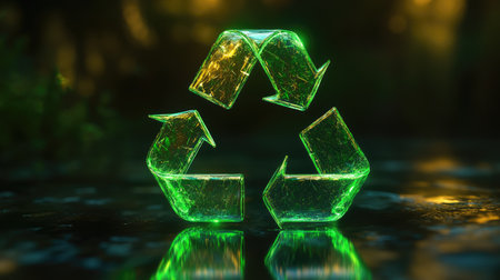 Vibrant 3D recycling symbol with glowing green elements, highlighting the importance of recycling.の素材