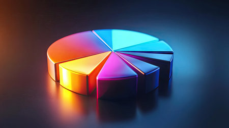 Vibrant 3D pie chart with radiant, glowing segments highlighting financial data distribution.の素材
