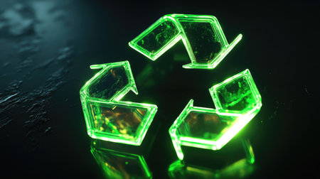 Vibrant 3D recycling symbol with glowing green elements, promoting sustainability. -の素材