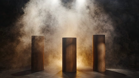 Wooden cylinder display stand against a dark abstract wall, enveloped in rising smoke and illuminated by a spotlight. -の素材