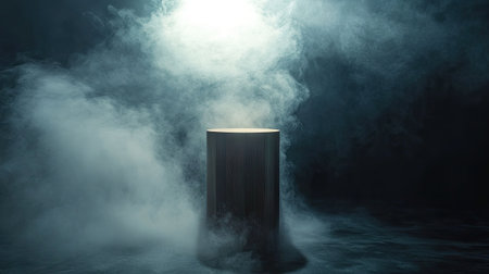 Wooden cylinder display stand in a dark abstract setting, enhanced by rising smoke and a bright spotlight.の素材