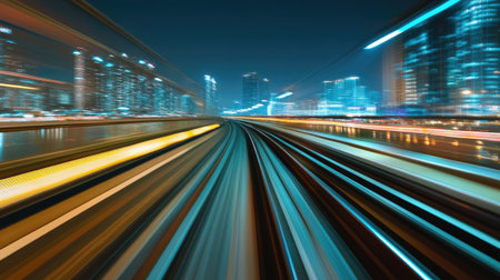 View from first railway carriage. Speed motion blur metro abstract background at nightの素材