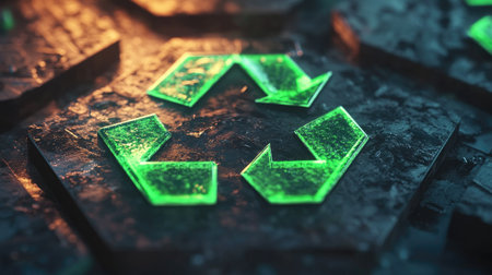 Vibrant 3D recycling symbol with glowing green elements, highlighting the importance of recycling.の素材