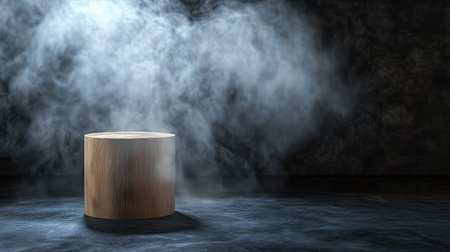 Wooden cylinder display stand, positioned on a dark abstract background, with smoke rising and spotlight accentuating it.の素材