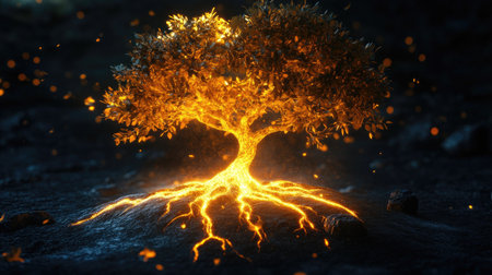 Vibrant 3D tree with bright, glowing leaves and roots on a black background, emphasizing vitality. -の素材