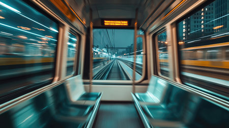 View from first railway carriage. Speed motion blur metro abstract background at nightの素材