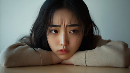 Young Asian woman with a headache, resting her head on her arms on the table, looking distressed. -の素材