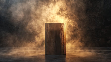 Wooden cylinder stand on a dark abstract background, illuminated by a spotlight with smoke rising for a dramatic effect.の素材