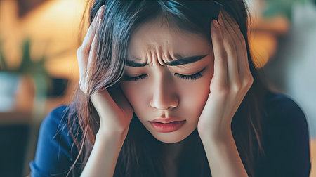Young Asian woman with a headache, sitting at a desk with her head in her hands, looking distressed.の素材