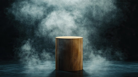 Wooden cylinder display stand, positioned on a dark abstract background, with smoke rising and spotlight accentuating it.の素材