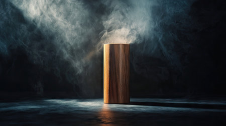 Wooden cylinder stand on a dark abstract background, illuminated by a spotlight with smoke rising for a dramatic effect.の素材