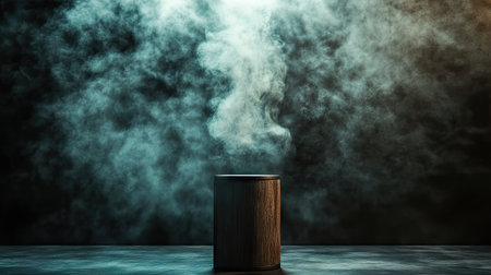 Wooden cylinder stand, dark abstract wall, enhanced by rising smoke and a focused spotlight for dramatic effect.の素材