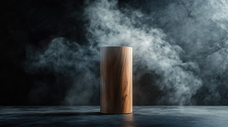 Wooden cylinder stand on a dark abstract wall, with smoke rising and spotlight creating a dramatic presentation.の素材