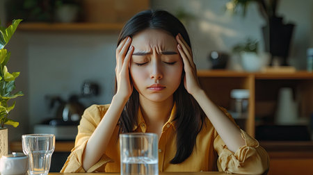Young Asian woman with a headache, sitting at a table with a glass of water, massaging her temples.の素材
