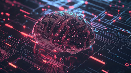2D AI illustration depicting a digital brain with interconnected circuits. Represents artificial intelligence, machine learning, and neural networks. Perfect for tech-themed content.の素材