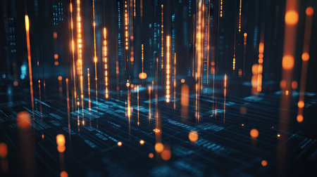 Abstract 3D rendering of glowing candlestick business chart on a deep blue background. Represents trade, finance, and market trends. Ideal for financial analysis and trading visuals.の素材