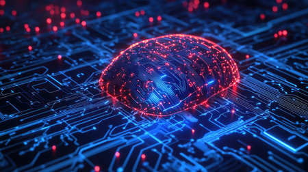 Abstract Artificial Intelligence design featuring electric circuit lines and digital patterns. Ideal for AI-themed graphics, logos, websites, and social media. Futuristic machine learning concept.の素材