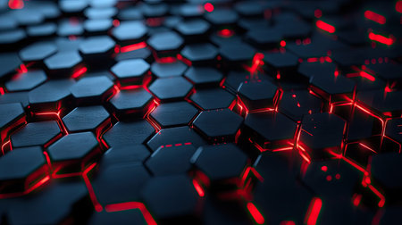 Abstract black polygon surface with intricate red light patterns, showcasing a modern and high-tech design concept. --の素材