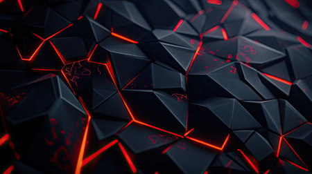Abstract black polygon surface with intricate red light patterns, showcasing a modern and high-tech design concept. --の素材