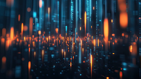 Abstract 3D candlestick chart with luminous features on a blue background. Represents trading and financial market trends. Great for finance-related graphics and reports.の素材