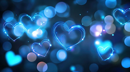 Abstract glowing neon blue hearts in a bokeh banner style, perfect for a love-themed or romantic design with text space. -の素材