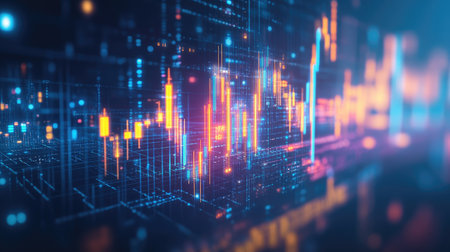 Abstract glowing candlestick chart in 3D on a blue background. Highlights finance, trading, and market data with a contemporary look. Ideal for financial and business content.の素材
