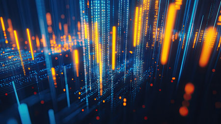Abstract glowing candlestick chart rendered in 3D on a blue background. Highlights finance and market trends with a modern aesthetic. Ideal for financial reports and data analysis.の素材