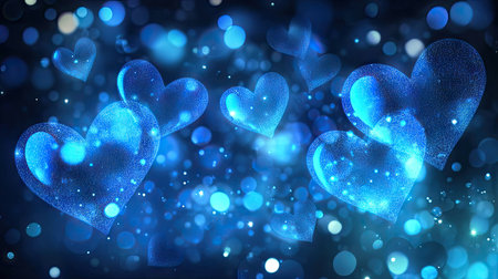 Abstract glowing neon blue hearts in a bokeh banner style, perfect for a love-themed or romantic design with text space. -の素材