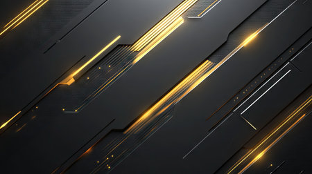 Abstract grey background with geometric gold arrows emitting light. The design is modern and futuristic, with ample blank space for customization and creative use.の素材