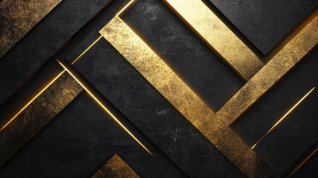 Abstract gold arrows in a geometric design on a black background, creating a modern and luxurious technology-themed visual with futuristic appeal.の素材
