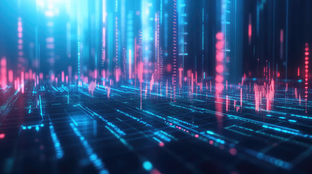Abstract glowing candlestick chart in 3D on a blue background. Highlights finance, trading, and market data with a contemporary look. Ideal for financial and business content.の素材