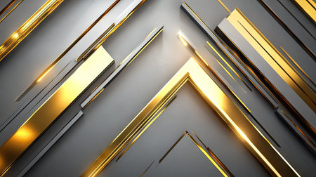 Abstract grey background with shimmering gold arrows in geometric arrangements. The design is modern and futuristic, perfect for creating a high-tech and stylish visual.の素材