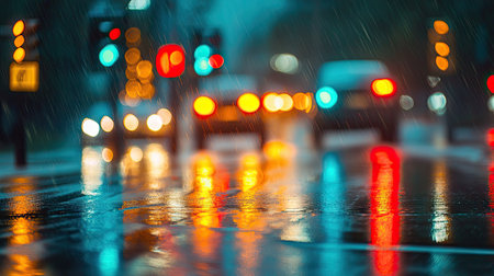 A series of traffic lights in the rain, each light creating a colorful, reflective pattern.の素材