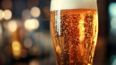 Detailed view of a glass of beer with a perfect head, showing the clarity and sparkle.の素材