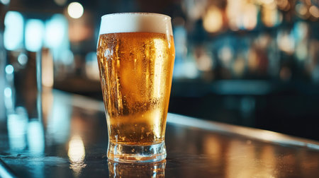 Close-up of a frosty pint of beer with golden hues, set on a polished bar counter.の素材