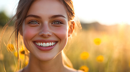 Woman with an infectious smile and perfect teeth, photographed outdoors in natural light.の素材