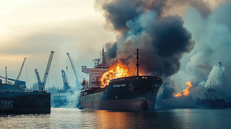 Large general cargo ship for logistic import export goods and other the explosion and had a lot of fire and smoke while moored at harbor in afternoonの素材